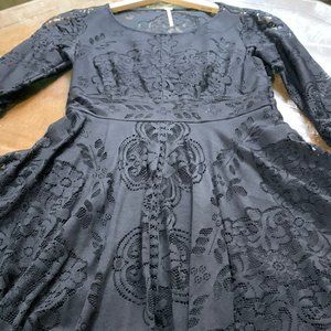 Free People Lover's Folk Song Dress, Black with Intricate Lace Bell Sleeves